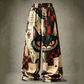Retro Black Cat Plaid Color-blocked Printed Trousers