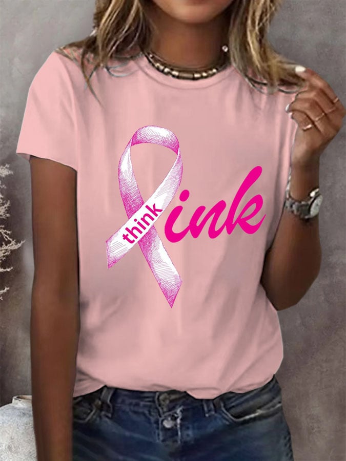 Women's Breast Cancer Think Pink Round Neck T-Shirt