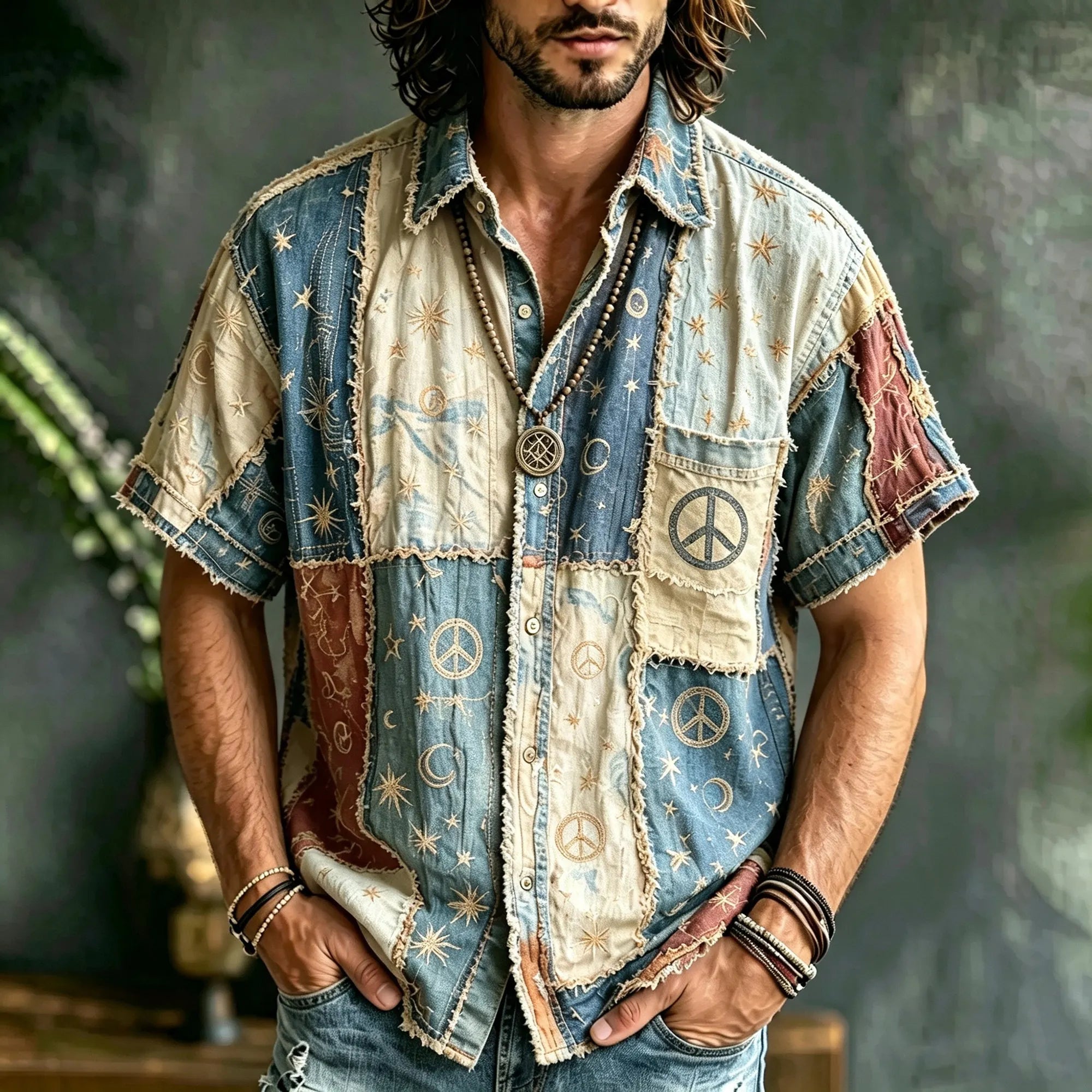 Men's Vintage Hippie Multicolor Patchwork Linen Blend Short Sleeve Shirt