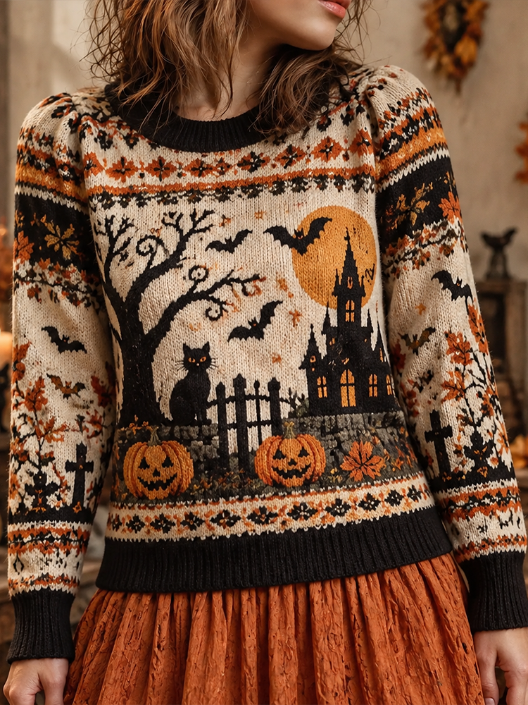 Women's Halloween Haunted Castle Black Cat Pumpkin Crewneck Sweater