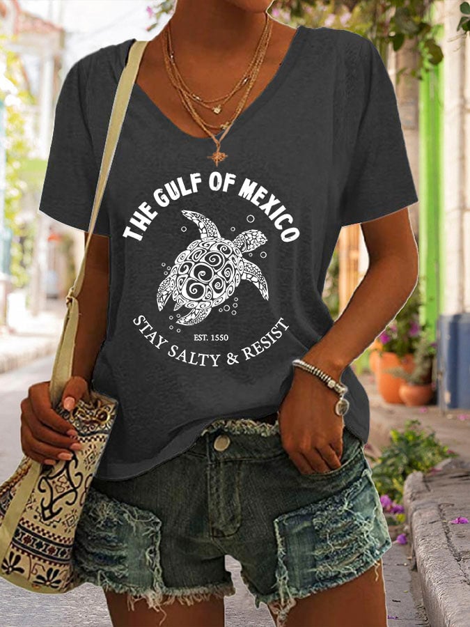 Women's The Gulf Of Mexico Print V Neck Casual T-Shirt
