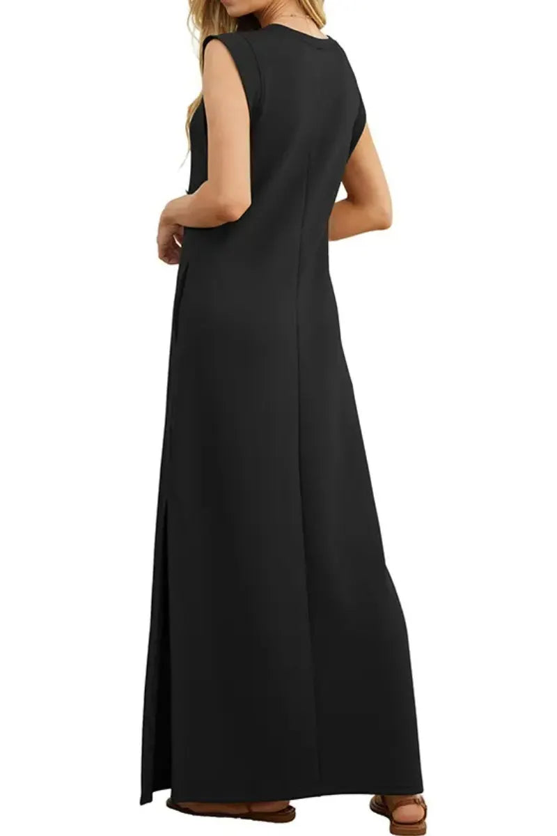 Women Summer Round Neck Casual Loose Split Wrinkle-Free Long Maxi Vacation Dress with Pockets