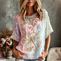 Women's Retro Dragonfly In Macaron Colors Art Print V Neck Linen Blend Short Sleeve Tops