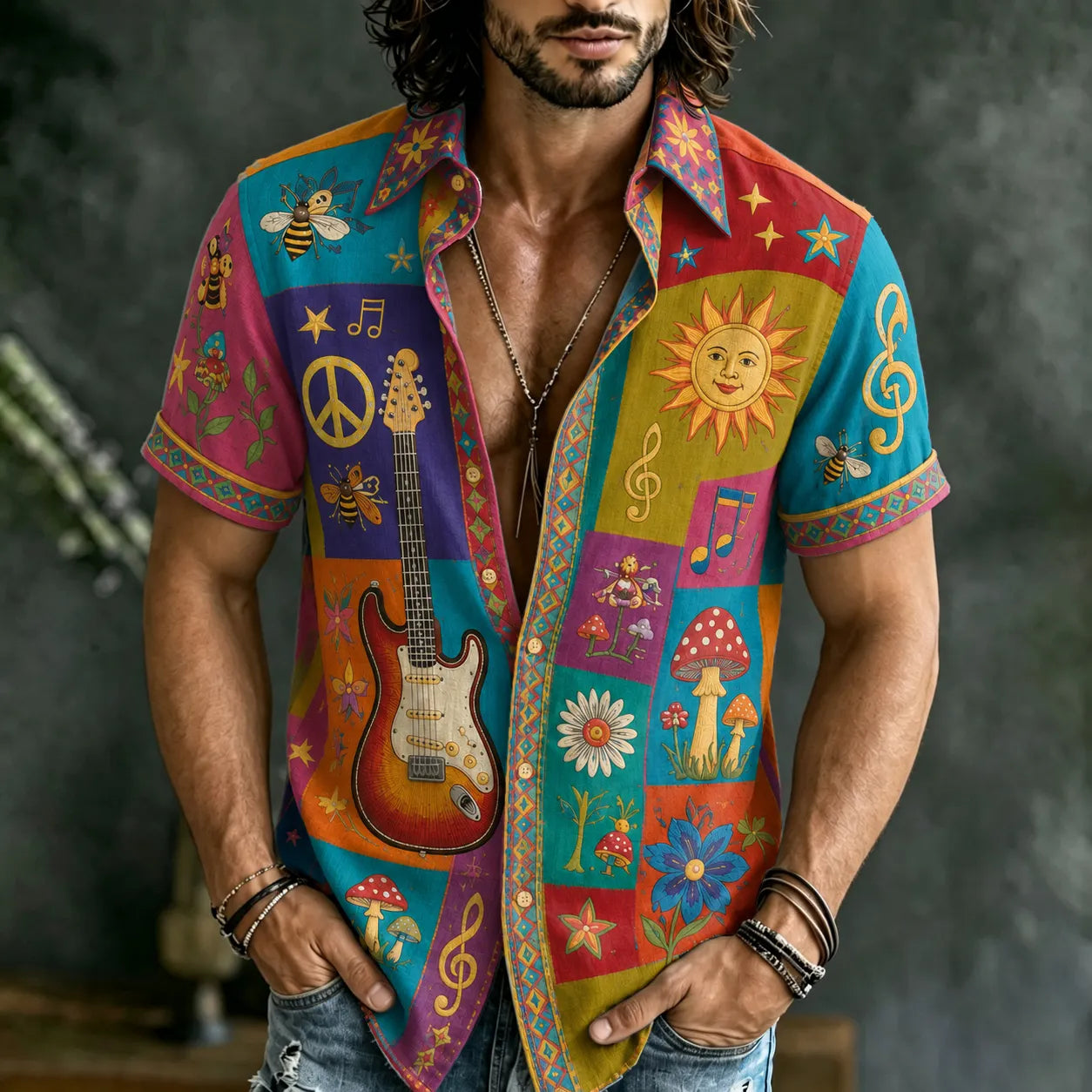 Men's Hippie Peace Guitar Patchwork Art Pattern Casual Shirt