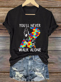 Women's "You'll Never Walk Alone" Autism Awareness Printed Casual V-Neck T-Shirt