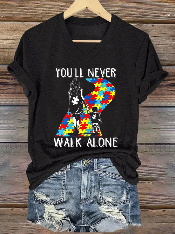 Women's "You'll Never Walk Alone" Autism Awareness Printed Casual V-Neck T-Shirt