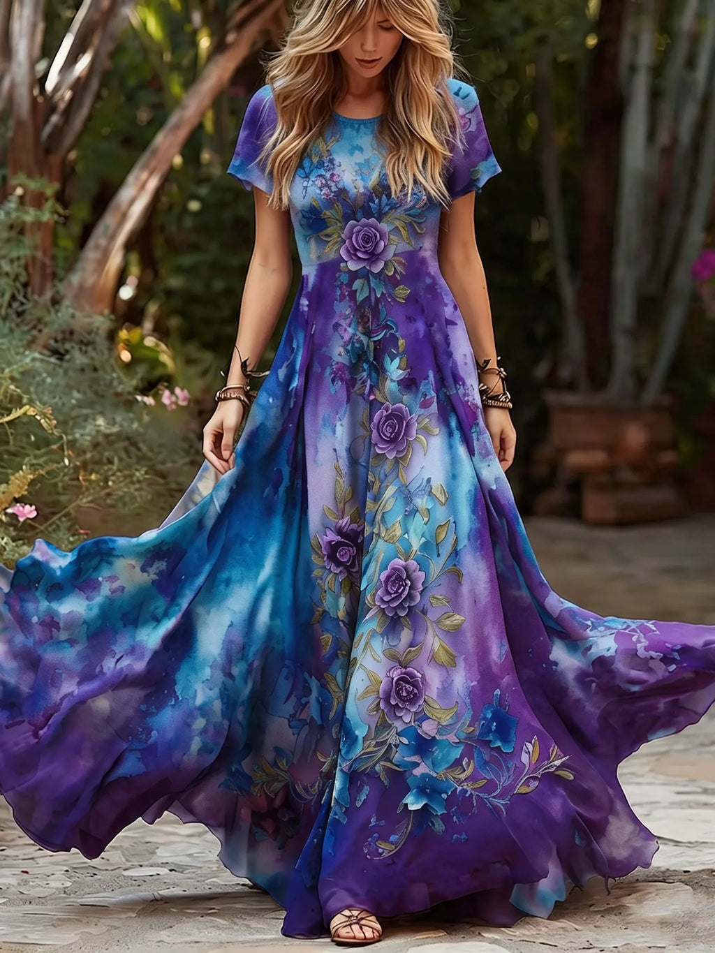 Women's Retro Rose Floral Gradient Pattern  Short Sleeve Dress