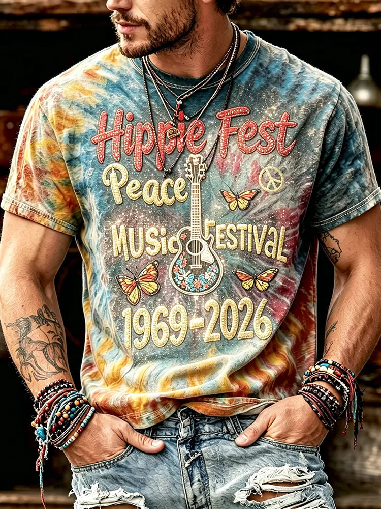 Men's Vintage 60s Tie Dye Music Art Hippie Crew Neck T-shirt