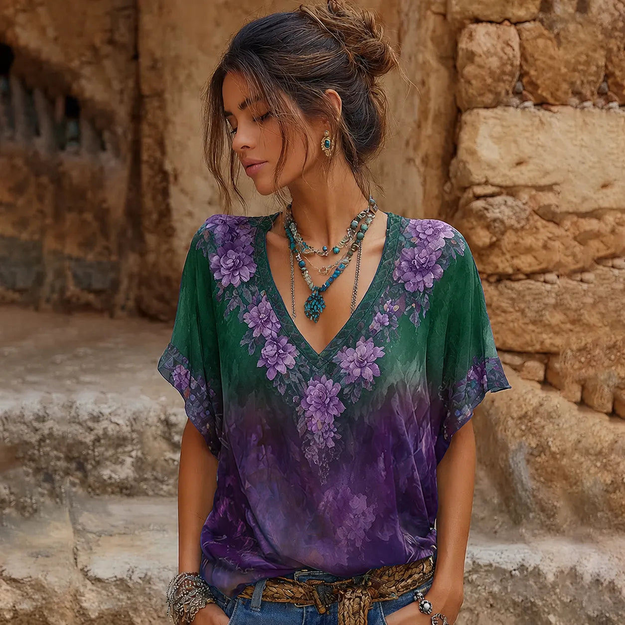 Women's Retro Purple Floral Embroidery Pattern Casual V-neck T-shirt