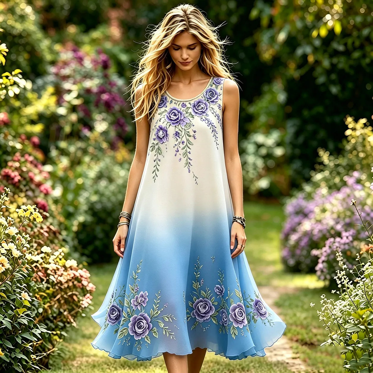 Women's Purple Rose Floral Gradient Pattern Casual Dress