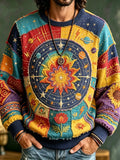 Men's Boho Patchwork Crewneck Sweatshirt With Celestial Sun And Sunflower Embroidery