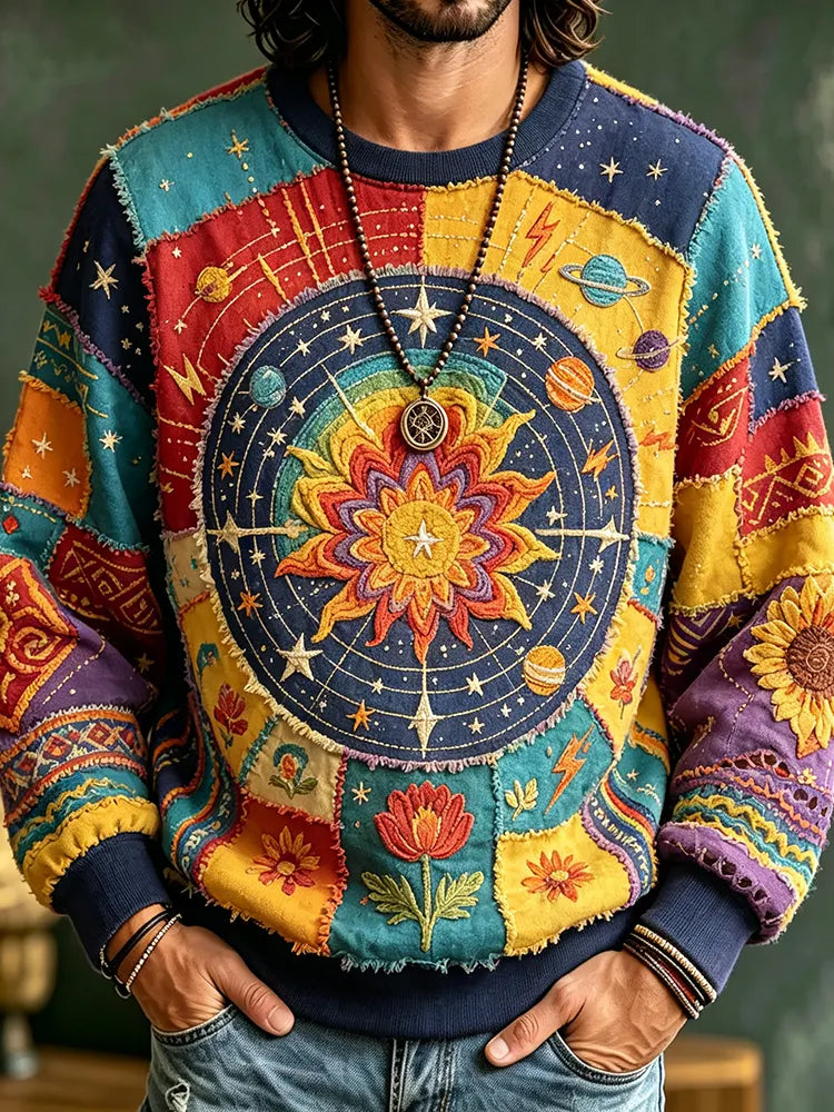 Men's Boho Patchwork Crewneck Sweatshirt With Celestial Sun And Sunflower Embroidery
