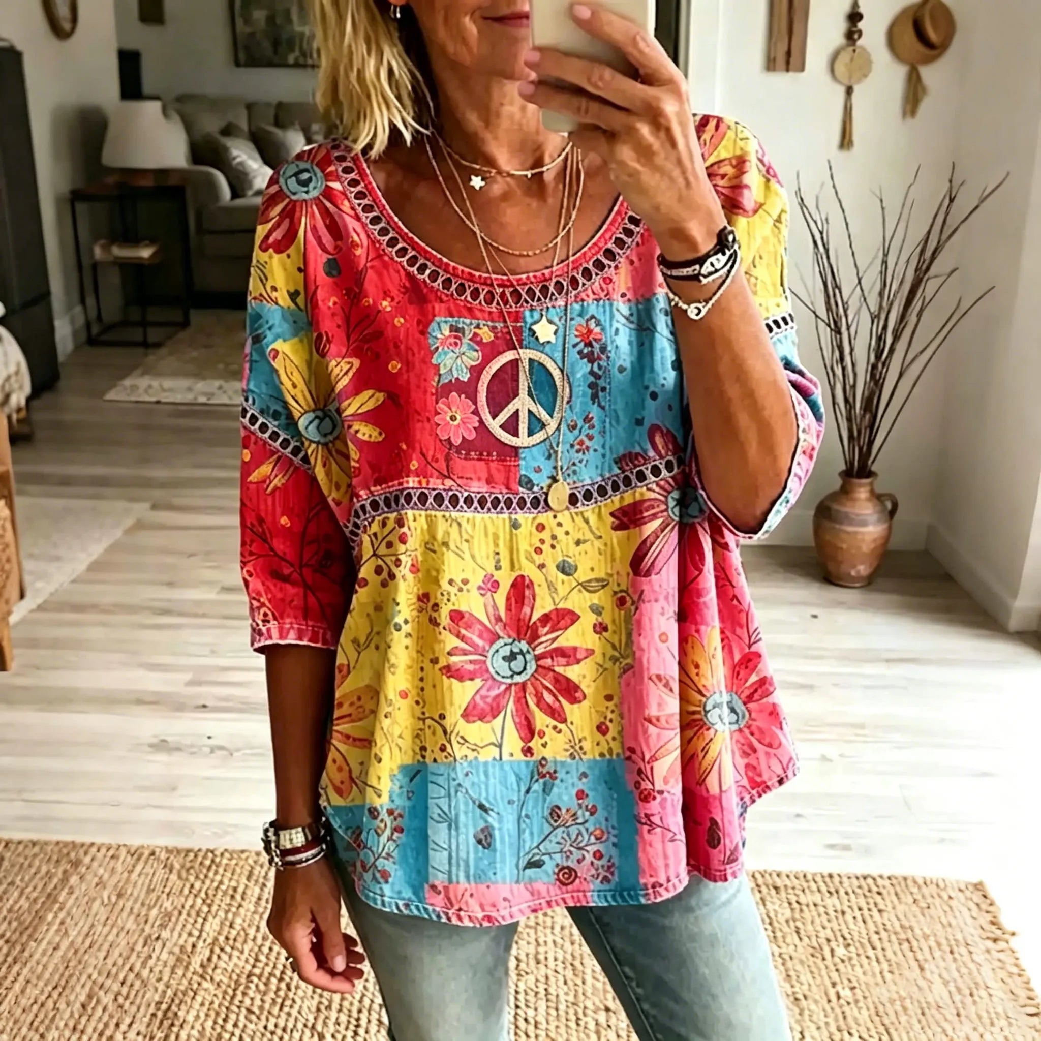 Women's Floral Patchwork Hippie Design Cotton Linen T-shirt