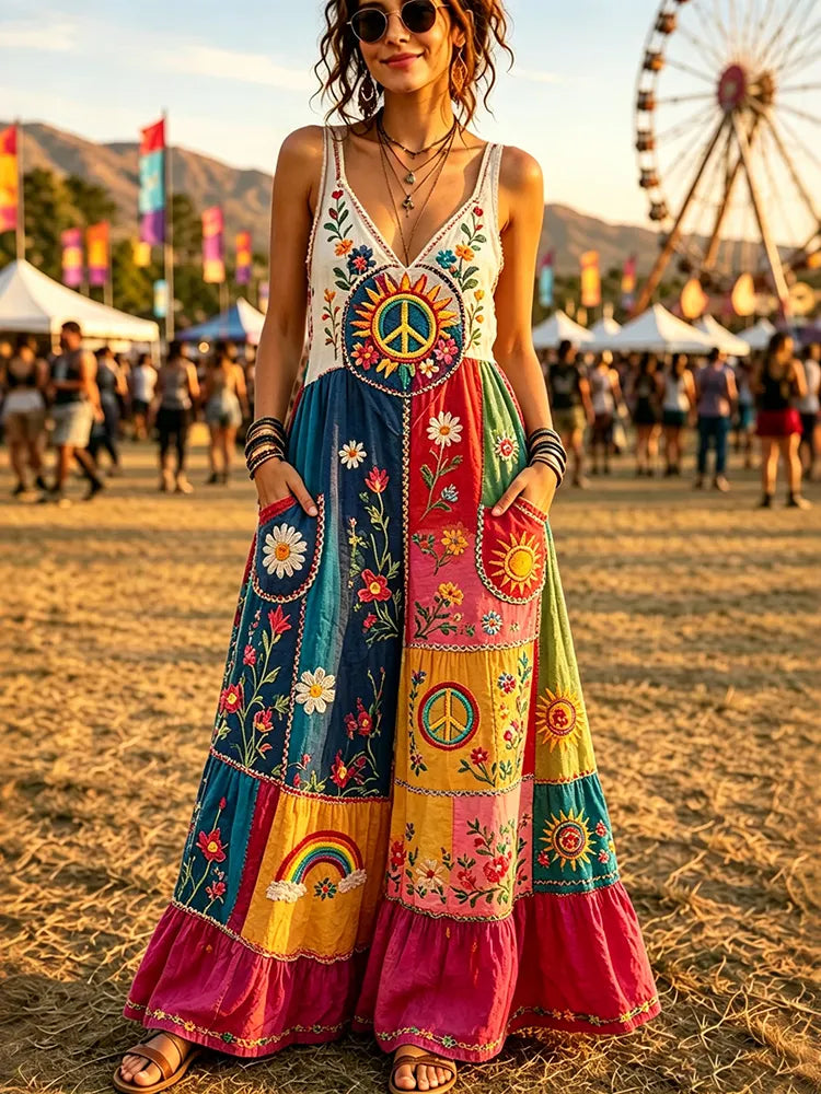 Women's Hippie Retro Vacation Ethnic Patchwork Linen Dress