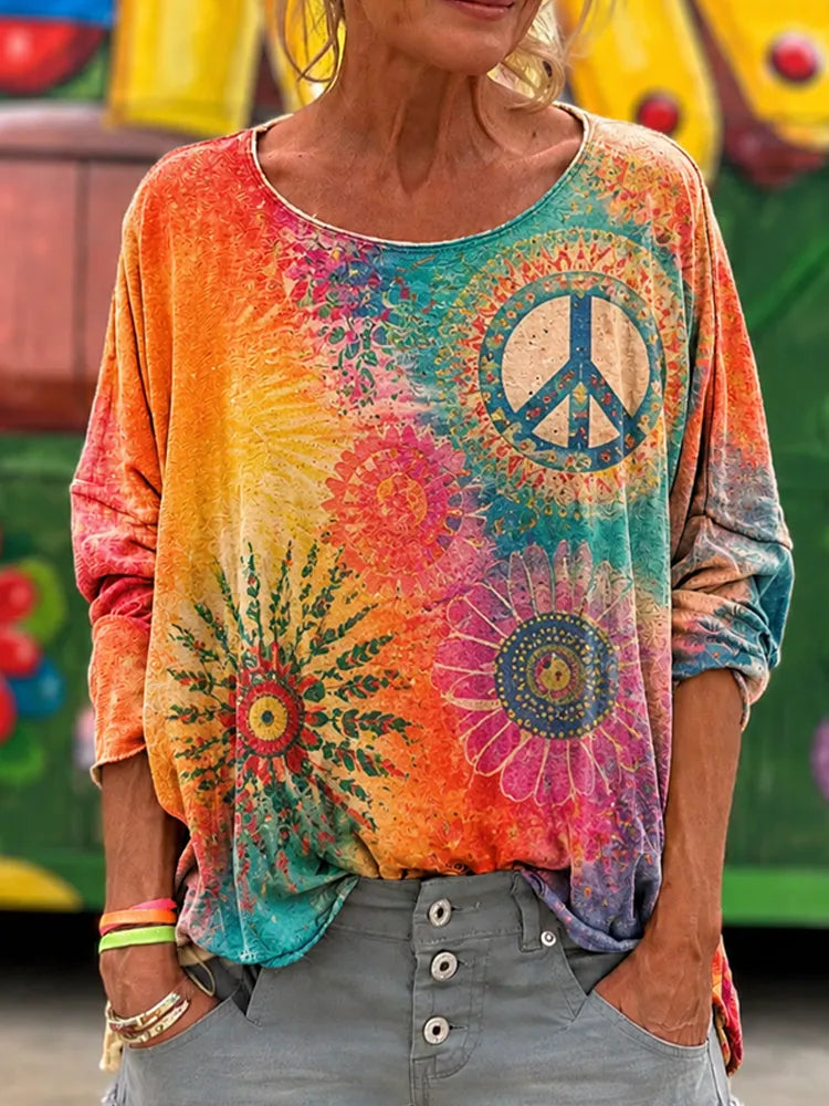 Women's Boho Colorful Peace Sign & Floral Print Long-sleeve T-shirt