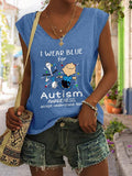 V Neck Autism Awareness I Wear Blue For Autism Print Tank Tops