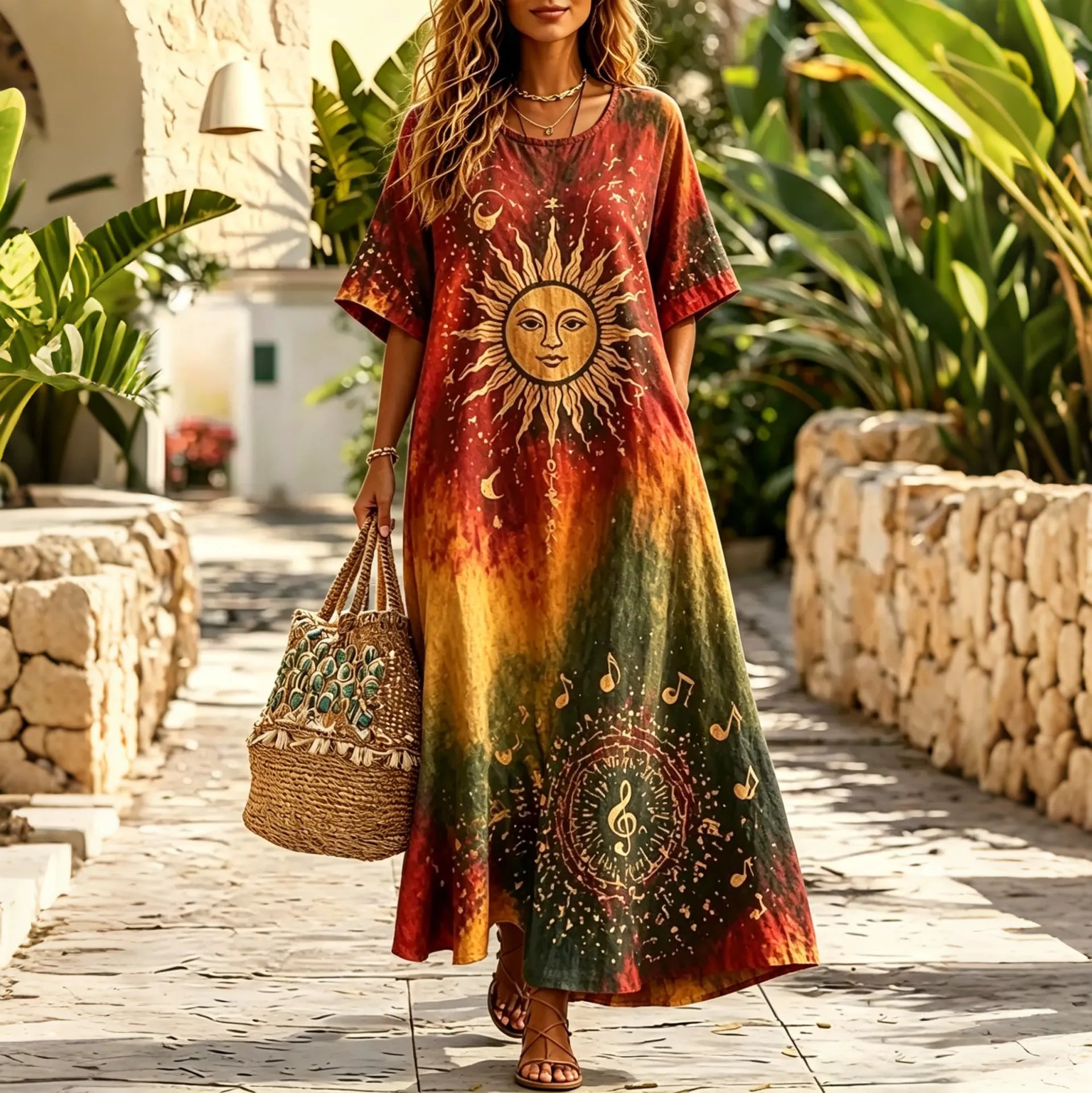 Women's Tie-dye Hippie Music Print Short-sleeve Round Neck Dress