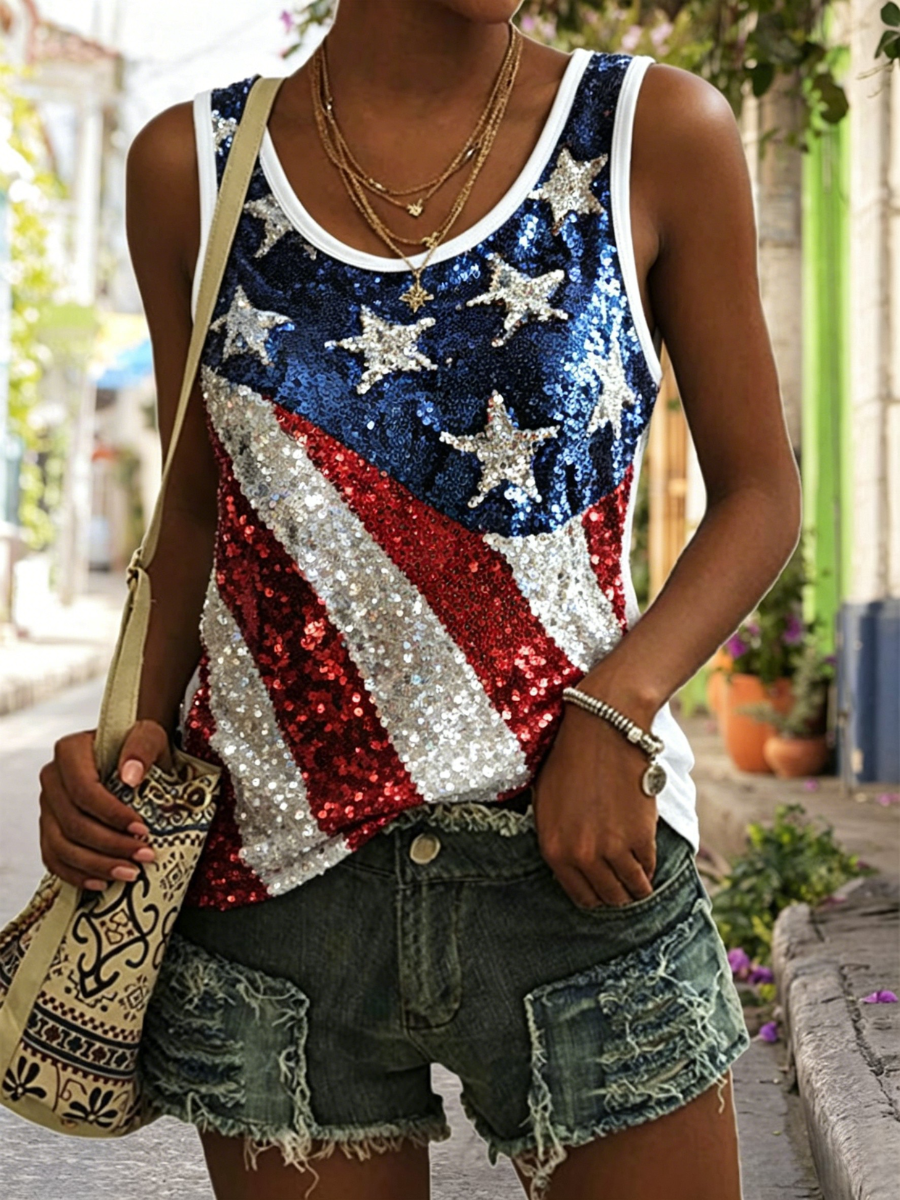 Women's 250th Anniversary Commemorative Glitter Printed Tank Top
