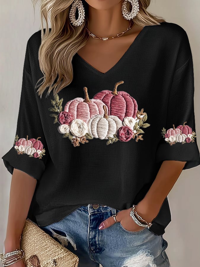 Women's Casual Pink Pumpkin Waffle T-Shirt