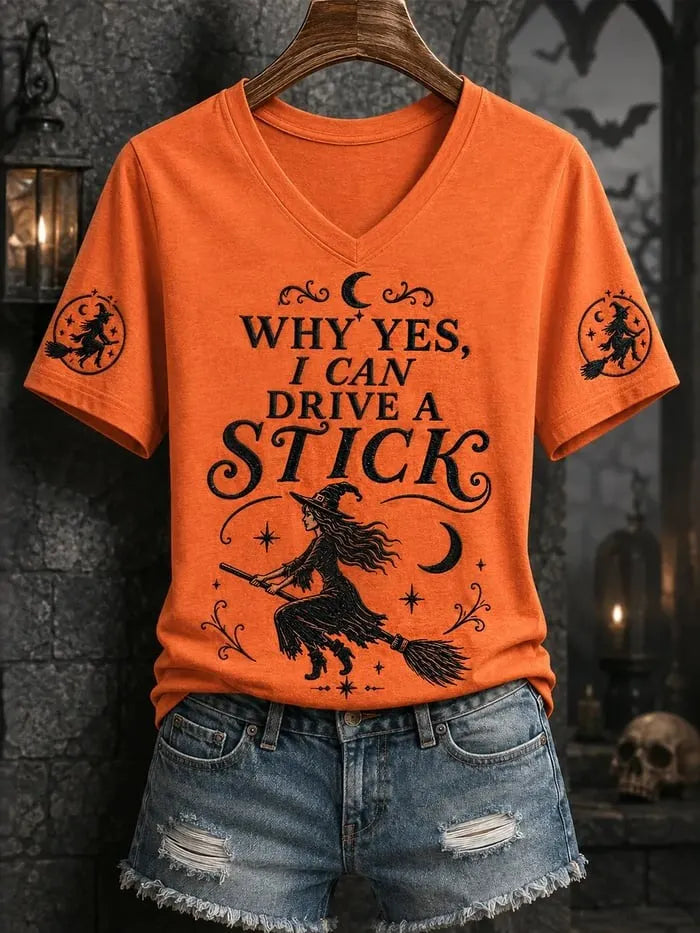 Women's Retro "yes, Actually, I Can Drive A Manual" Halloween Print Casual V-neck T-shirt