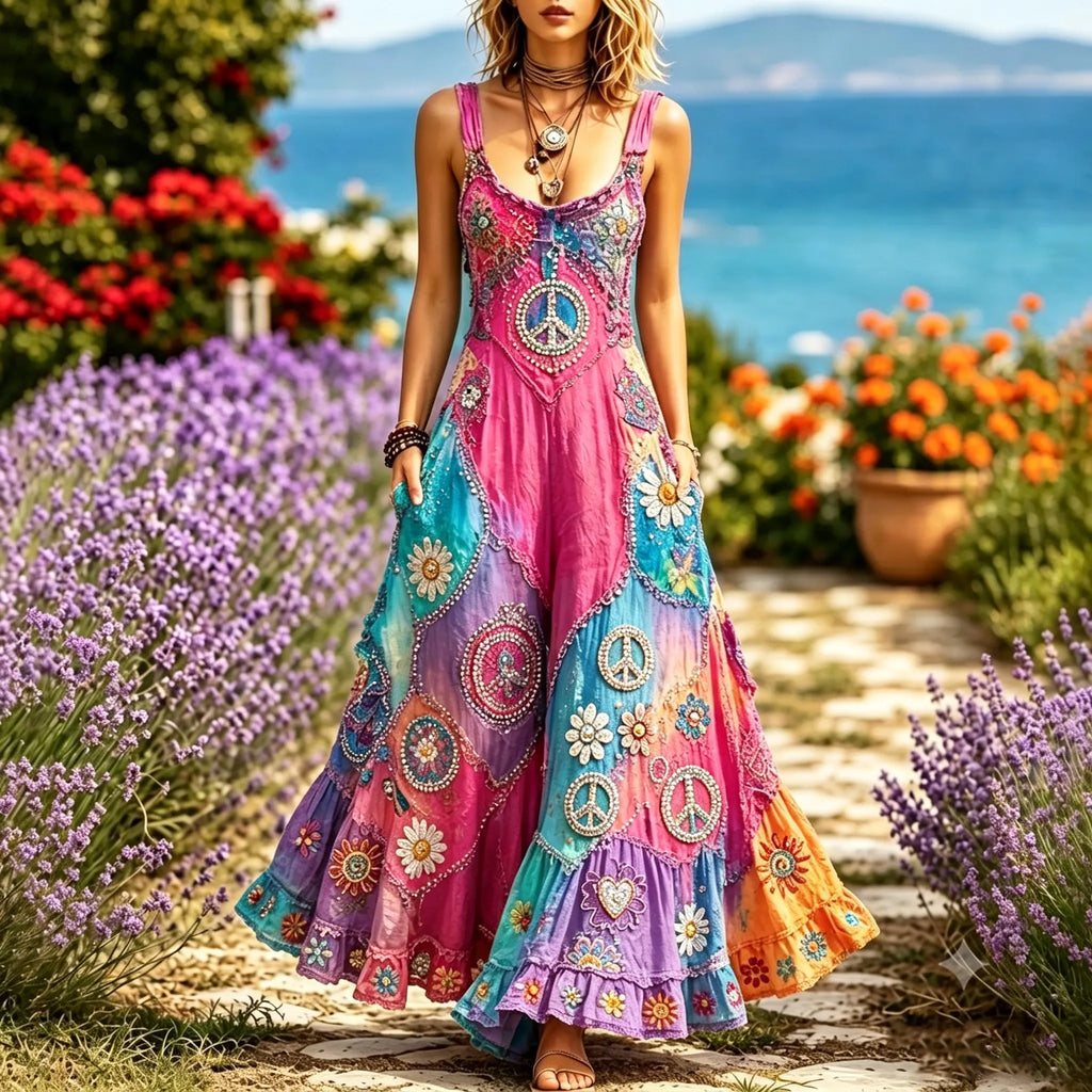 Women's Hippie Peace Sign Contrast Tie Dye Sleeveless Dress