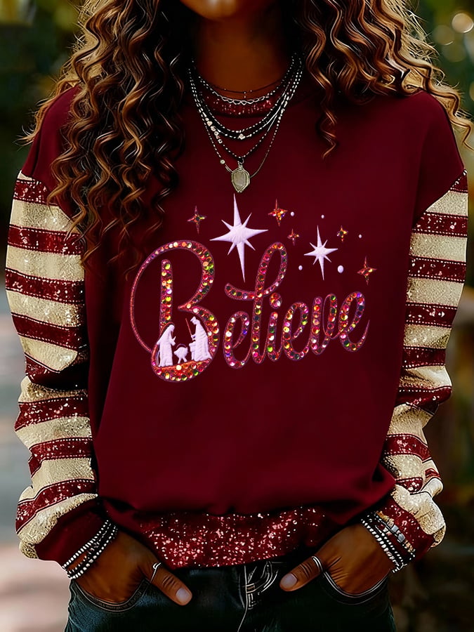 Women's Nativity Faith Art Print Casual Crew Neck Sweatshirt
