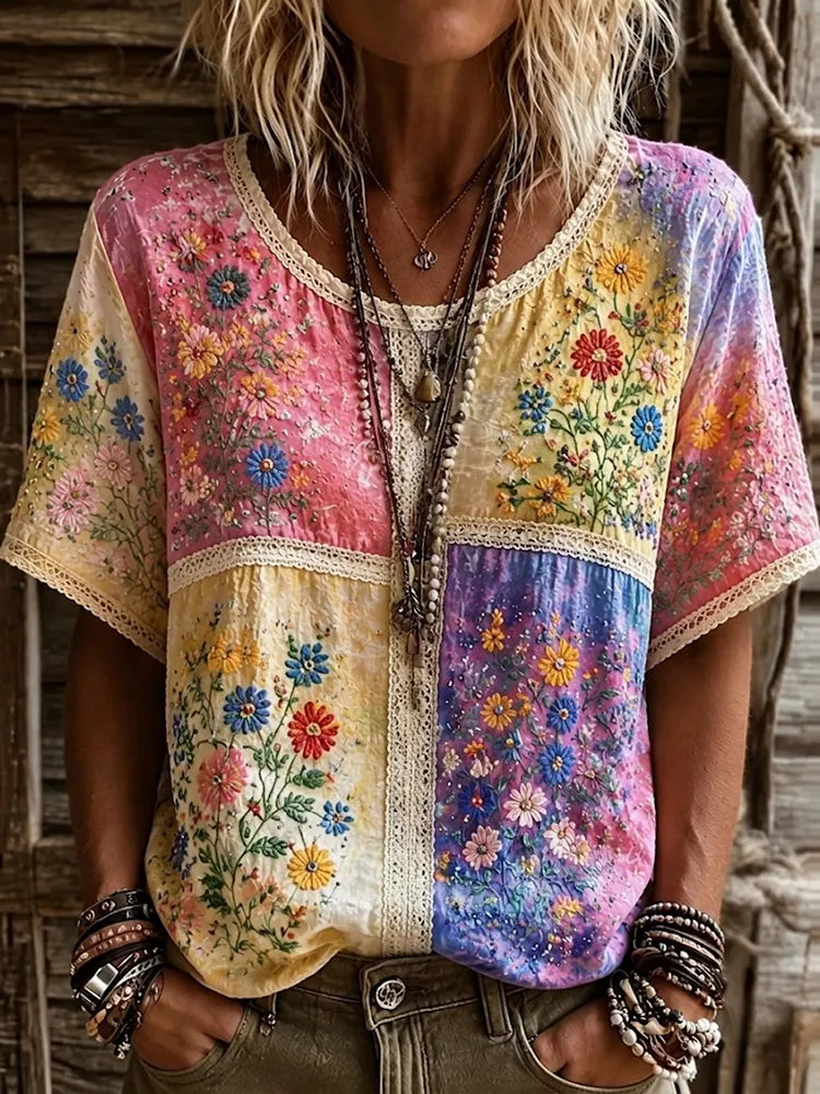 Women's Retro Hippie Floral Patchwork Art Linen Blend Short Sleeve Tops