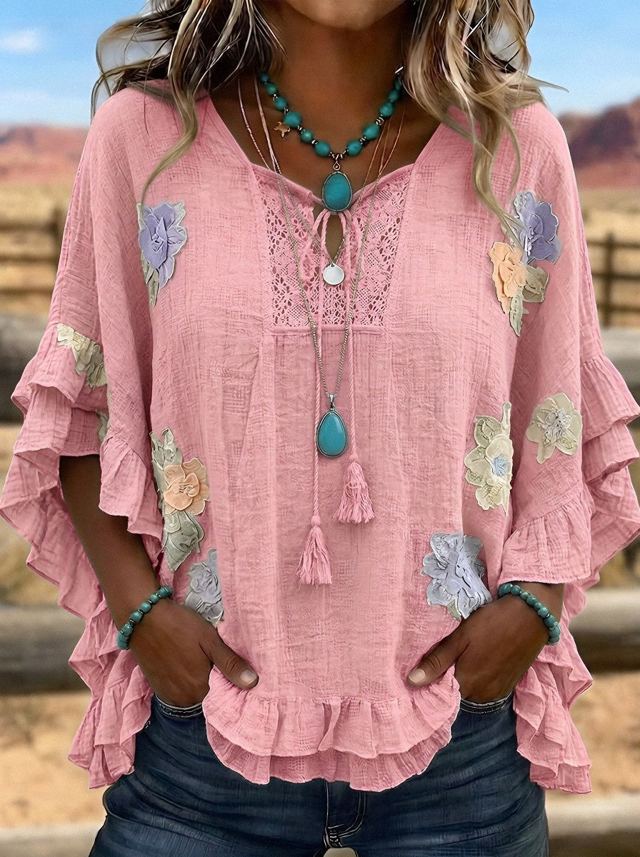 Women's Western Vintage Floral Embroidered Ruffle Sleeve Top