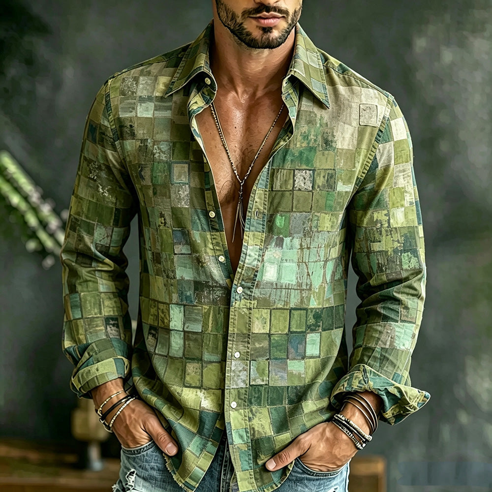Men's Hippie Color Block Art Patchwork Print Casual Long Sleeve Linen Shirt