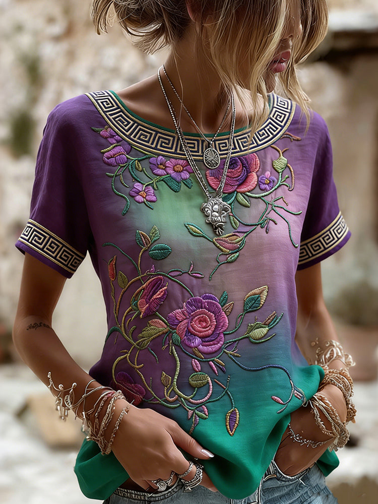 Women's Vintage Purple Floral Casual T-shirt