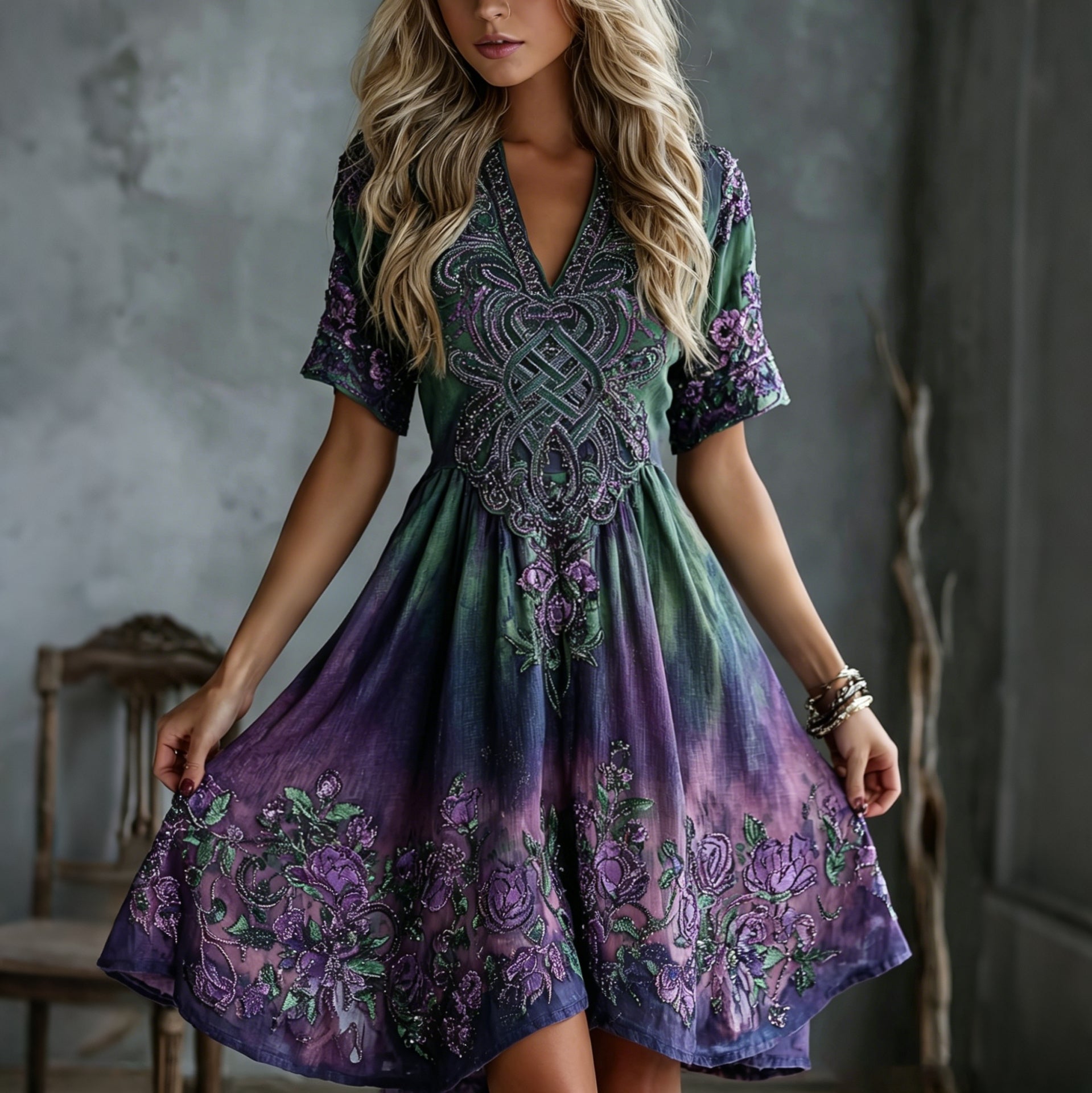 Women's Vintage Celtic Knot Floral Gradient Art Cotton Linen Short Sleeve Dress