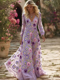 Vintage Pansies Embroidery Art Flowy Linen Maxi Dress