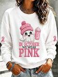 Women'S Retro In October We Wear Pink Print Round Neck Sports Shirt