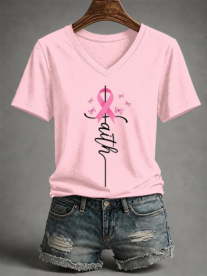 V-Neck Retro Pink Ribbon Butterfly Faith Support Breast Cancer Print T-Shirt