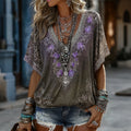 Women's Vintage Purple Floral Embroidered Pattern Art Casual T-shirt