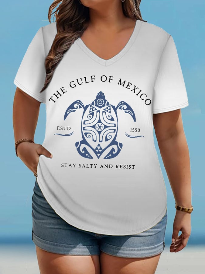 Women's Plus Size Gulf Of Mexico Print V-Neck T-Shirt
