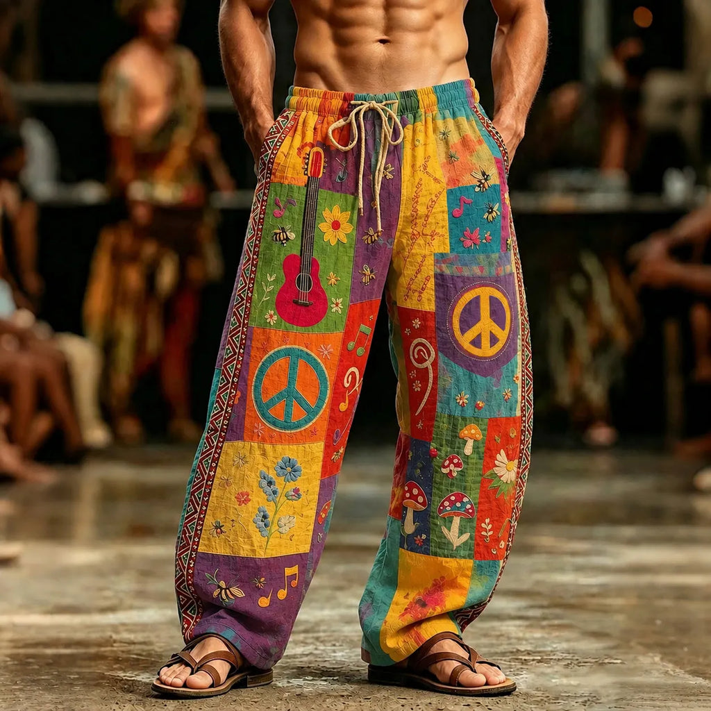 Men's Peace Sign And Guitar Hippie Patchwork Print Casual Pants