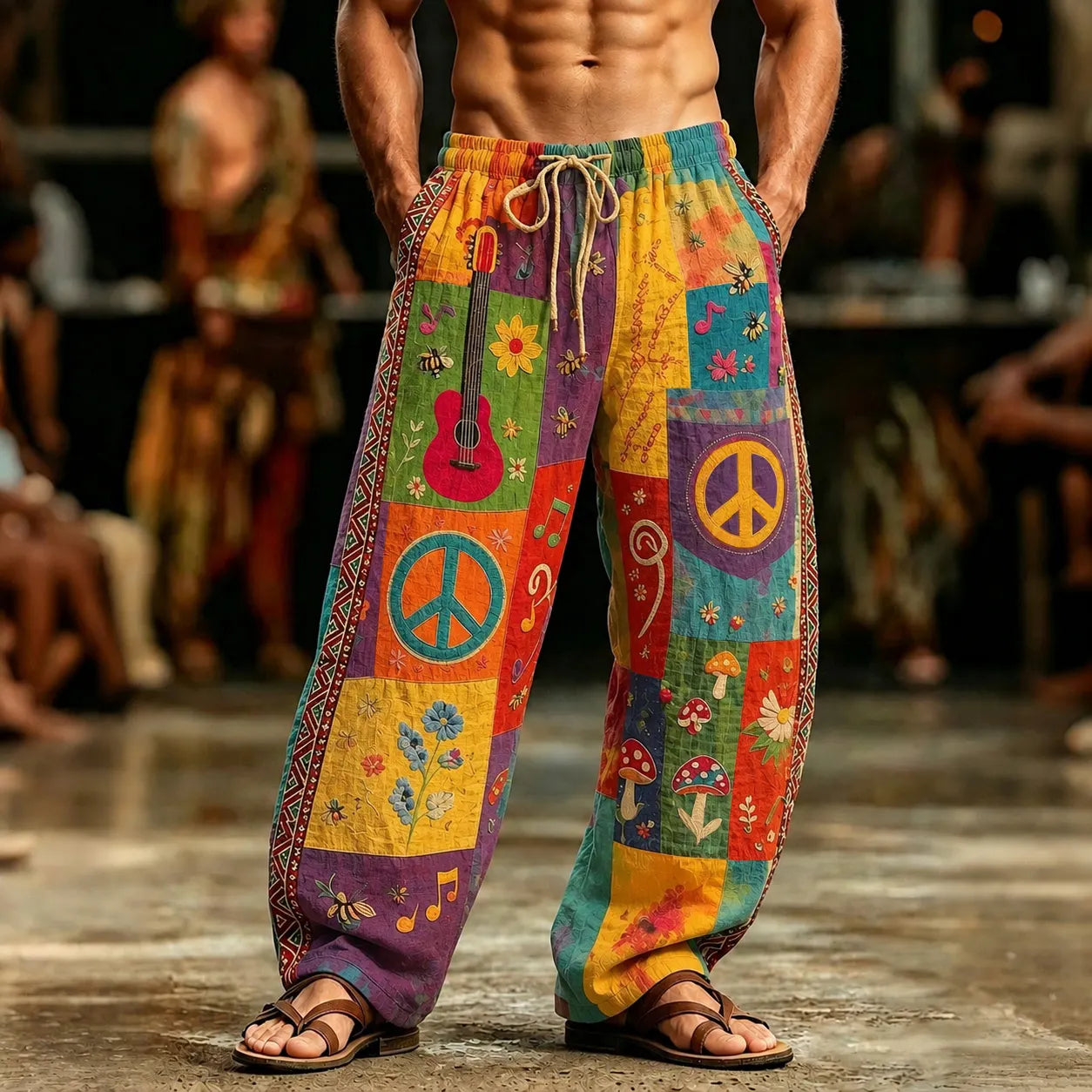 Men's Peace Sign And Guitar Hippie Patchwork Print Casual Pants