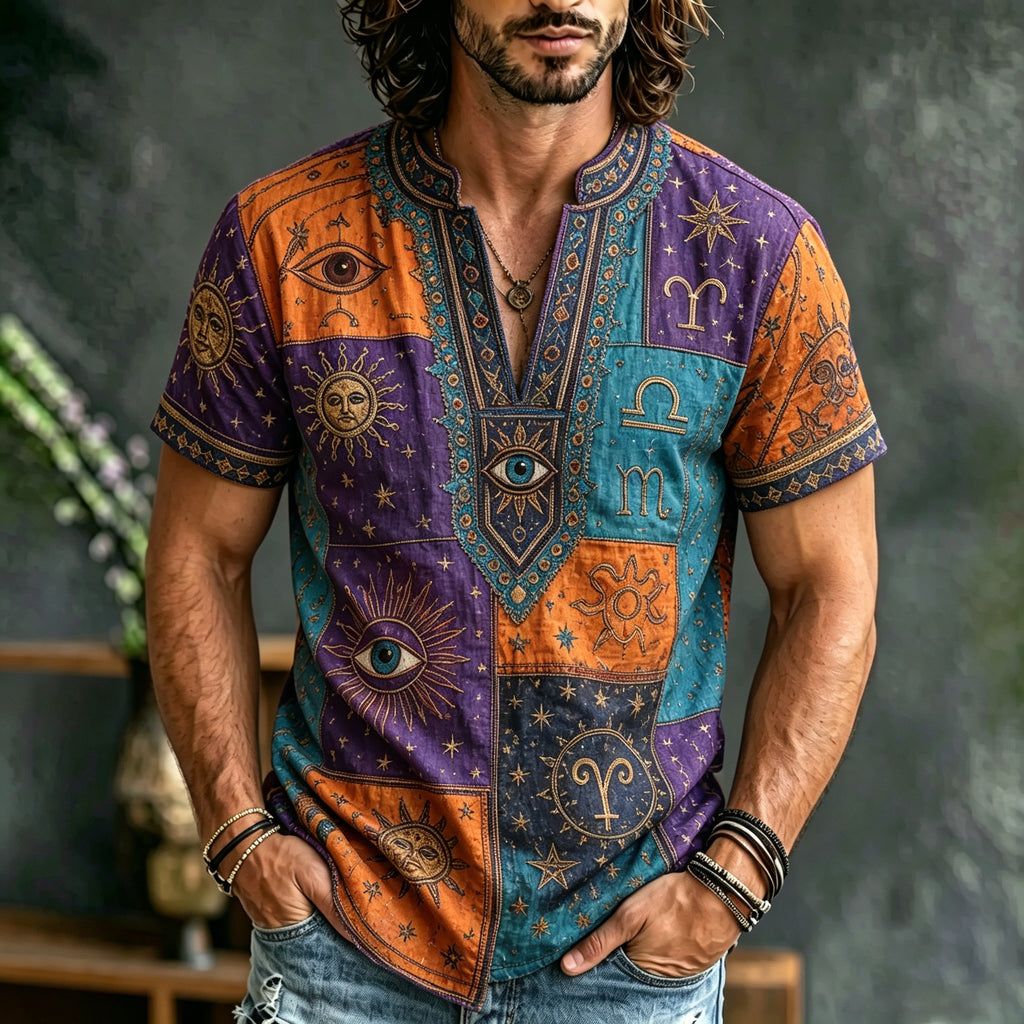 Men's Zodiac Sun, Moon And Stars Patchwork Short-sleeve Cotton Linen Top