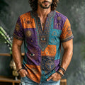 Men's Zodiac Sun, Moon And Stars Patchwork Short-sleeve Cotton Linen Top