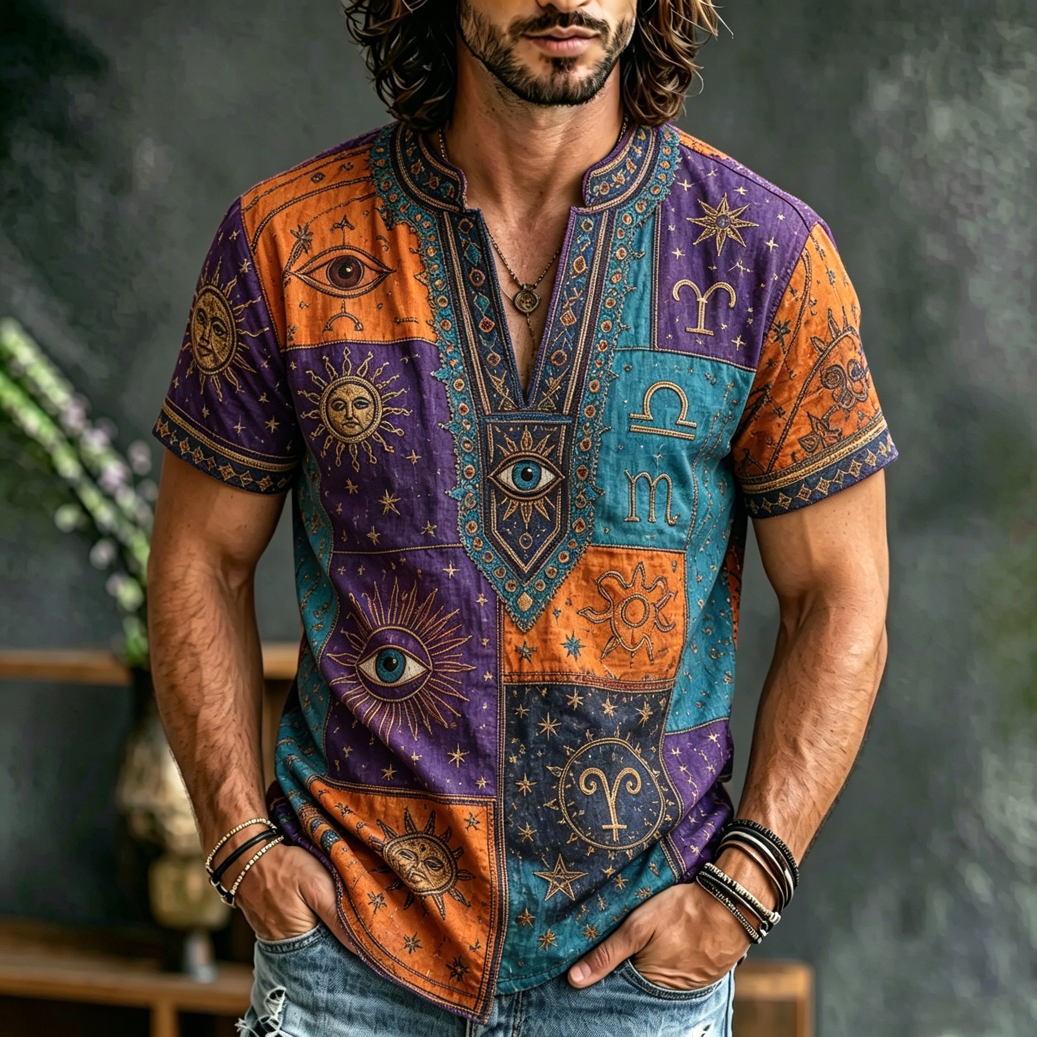 Men's Zodiac Sun, Moon And Stars Patchwork Short-sleeve Cotton Linen Top
