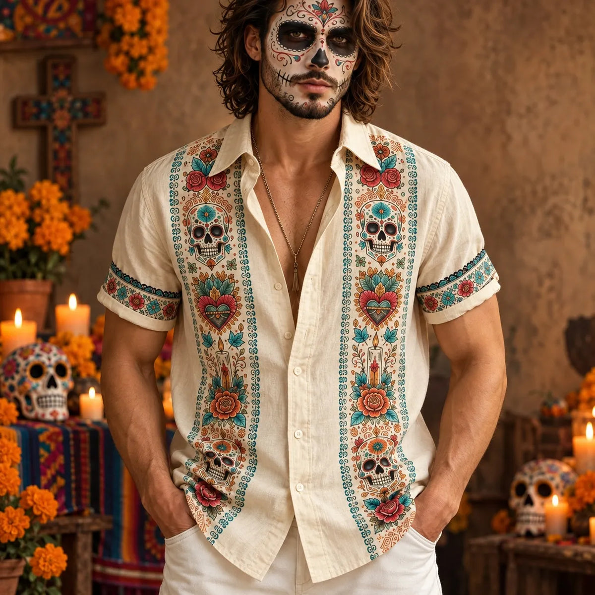 Men‘s Retro Mexico Day Of The Dead Floral Skull Graphics Printed Shirt