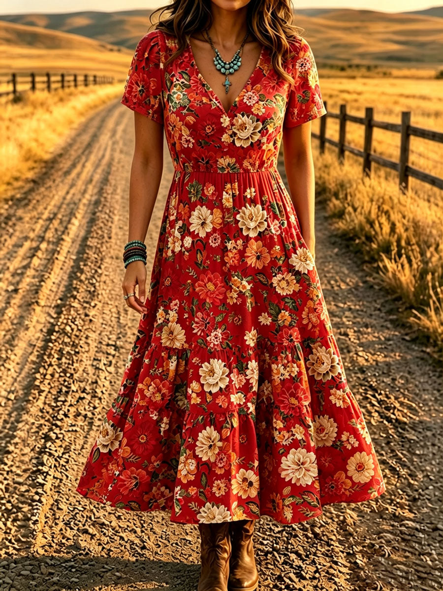 Women'S Western Style V-Neck Short Sleeved Floral Pattern Dress