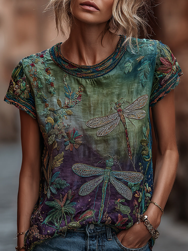 Women's Vintage Dragonfly Floral Pattern Linen Blend Casual V-neck T-shirt