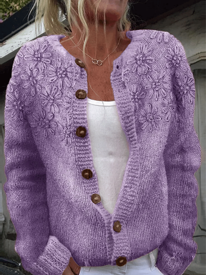 Women's 3d Floral Dementia Awareness Printed Knitted Cardigan