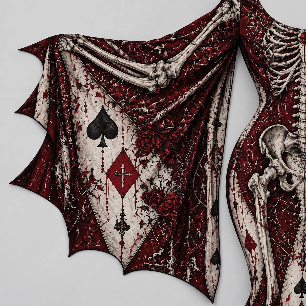 Women's Gothic Skeleton With Poker Batwing Flare Sleeve Round Neck Bodycon Maxi Dress – Halloween Costume