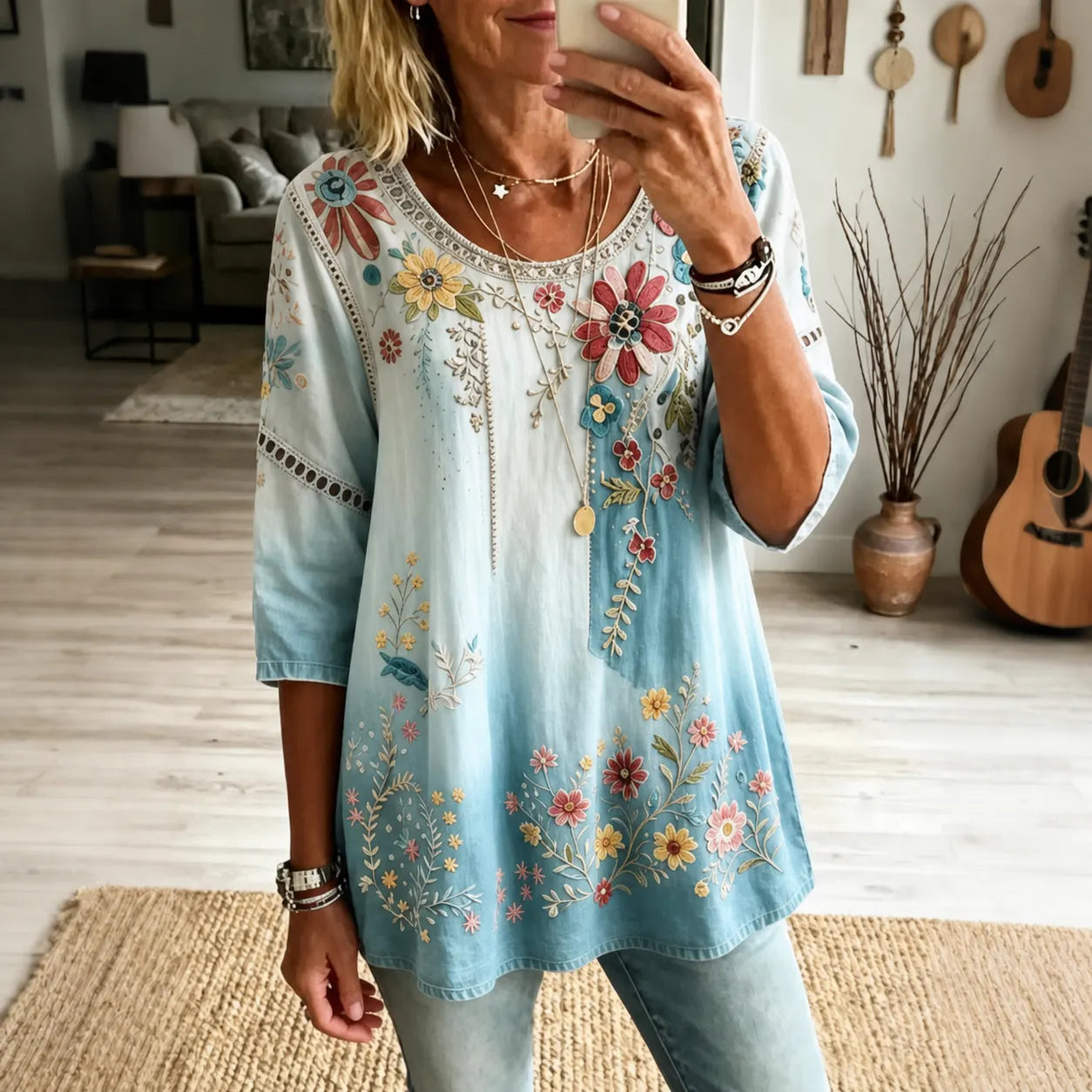 Women's Retro Floral Vacation Cotton Linen Top