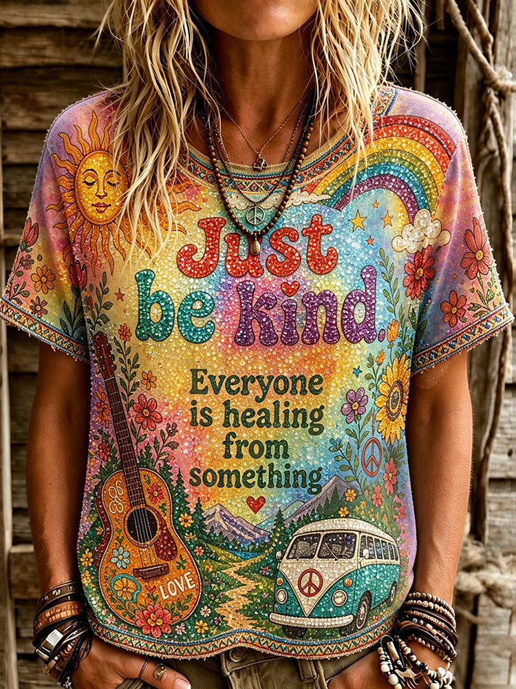Women's Retro Hippie Just Be Kind Landscape Art Crew Neck T-shirt