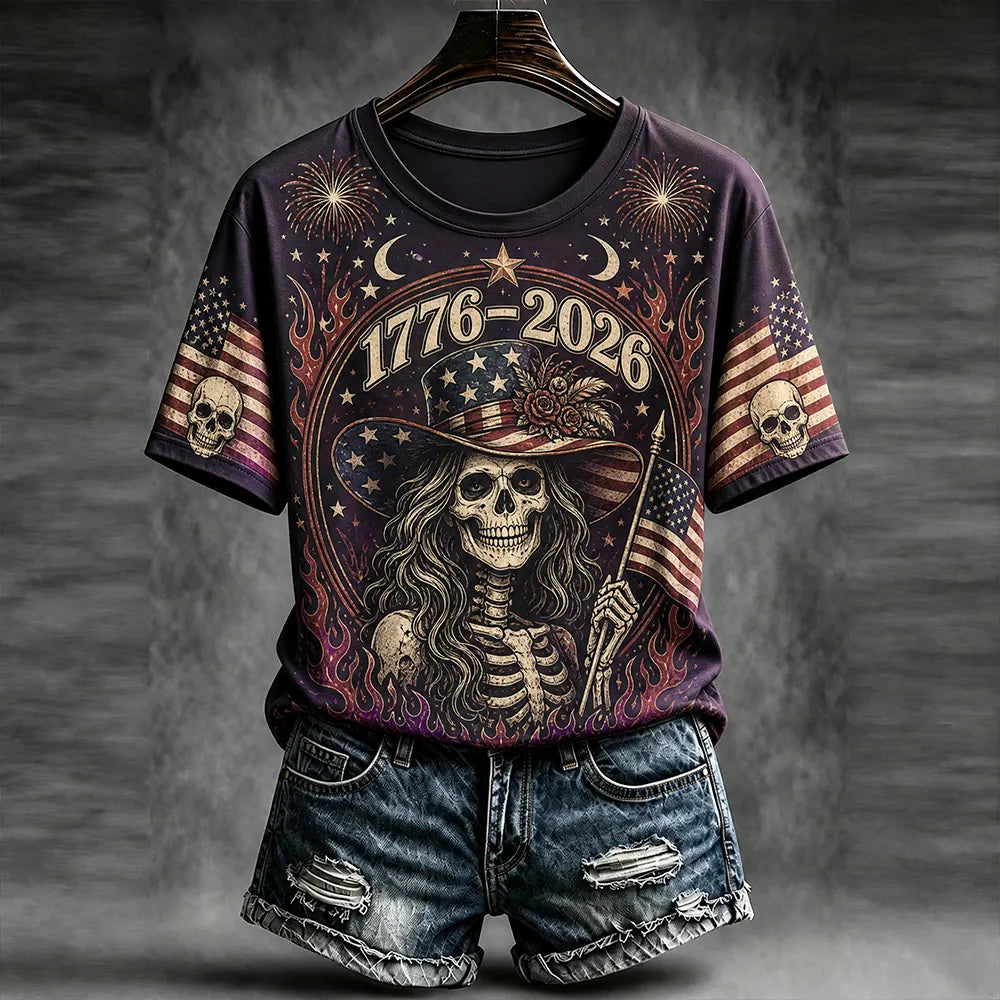 Women's Crewneck Short Sleeve T-shirt Featuring 1776-2026 Patriotic Skeleton Woman And Flag
