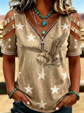 Women's Western Independence Day Eagle Star Printed Cold Shoulder T-shirt-4